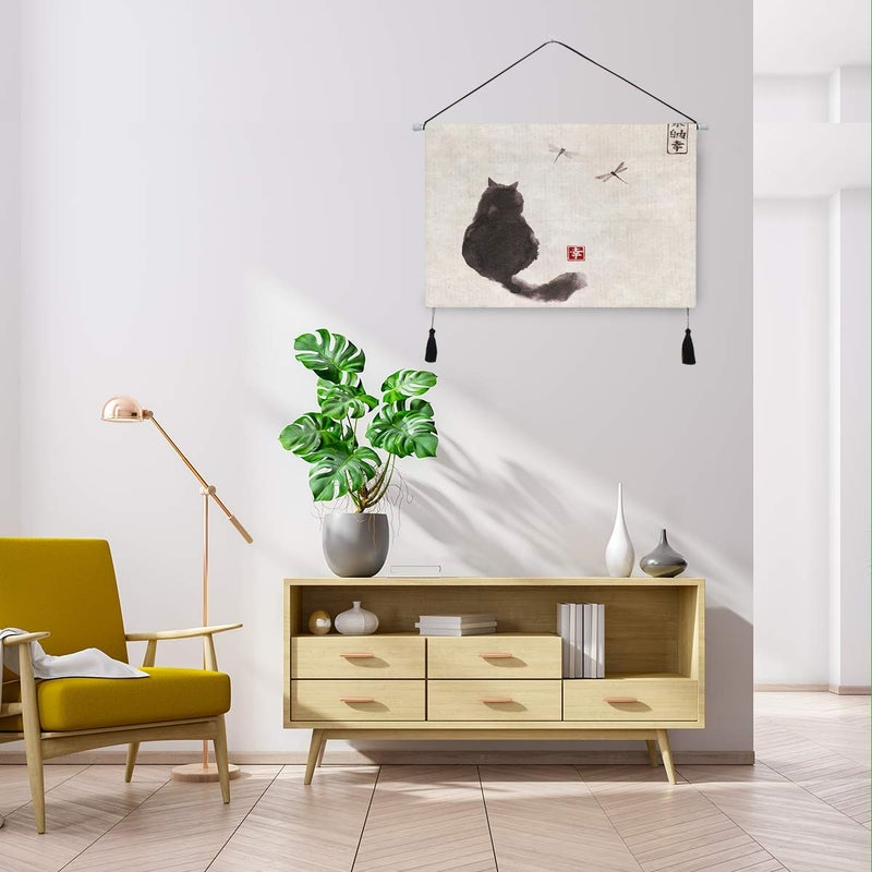 YYZZH Black Fluffy Cat Watch Dragonfly On Vintage Paper Japanese Ink Painting Hanging Canvas Print Wall Art Decor 17.5"X24.5" Poster Artwork Painting Prints Home Decor For Bedroom Living Room - Image 4